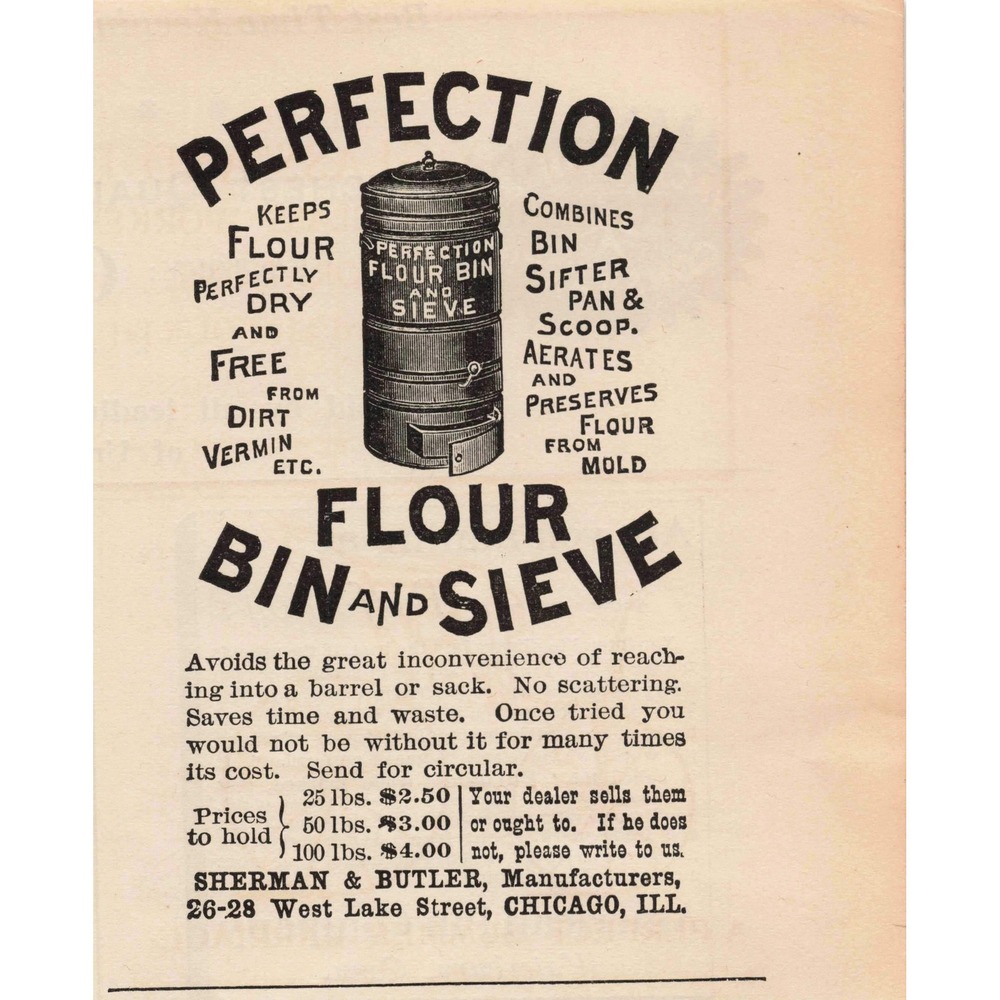 1892 Perfection Flour Bin and Sieve Vintage Kitchenware Antique Print Ad